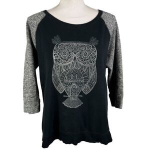 Style & Co Studded Owl Sweatshirt Black Gray Large 3/4 Sleeves